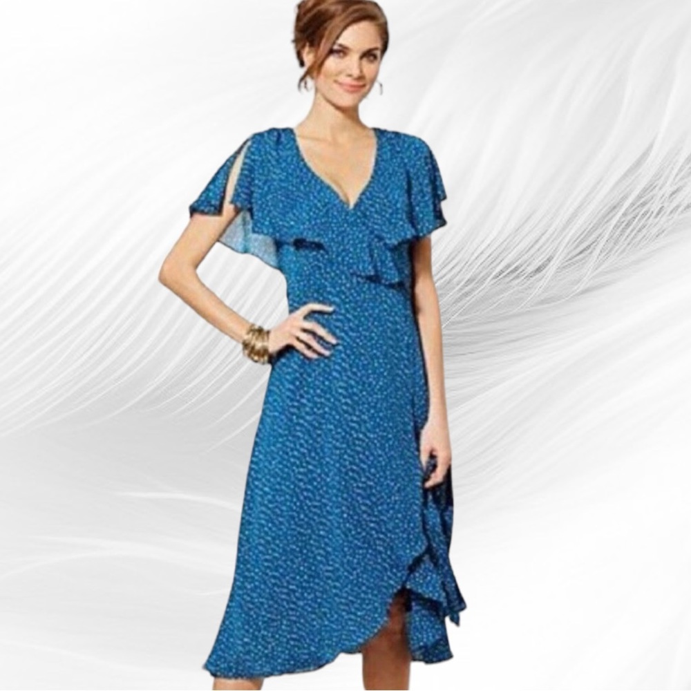 EVA MENDES for New York and Company Blue Ruffled Polka Dot Dress size 4